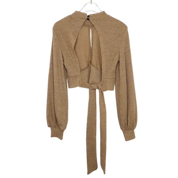 SHEIN Tan Ribbed Knit Key Hole Mock Neck Long Sleeve Crop Top Small - Picture 2 of 5